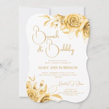 BRUNCH & BUBBLY Gold Floral Bridal Shower Invitations