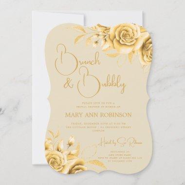 BRUNCH & BUBBLY Gold Floral Bridal Shower Invitations