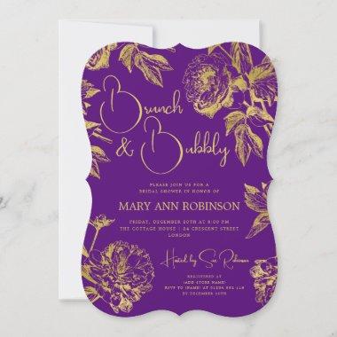 BRUNCH & BUBBLY Gold Floral Bridal Shower Purple Invitations