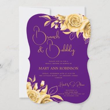 BRUNCH & BUBBLY Gold Floral Bridal Shower Purple Invitations