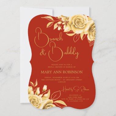 BRUNCH & BUBBLY Gold Floral Bridal Shower Red Invitations