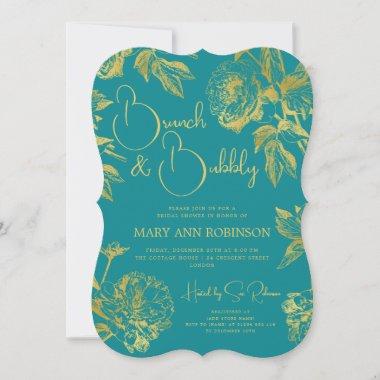 BRUNCH & BUBBLY Gold Floral Bridal Shower Teal Invitations