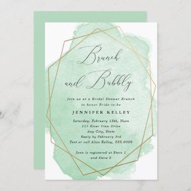 Brunch & Bubbly, Gold Geo Frame, Green Watercolor Invitations