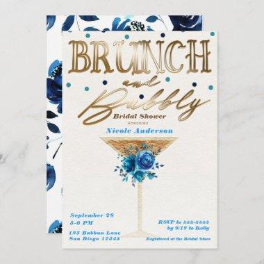 Brunch Bubbly Gold Teal Blue Floral Bridal Shower Invitations