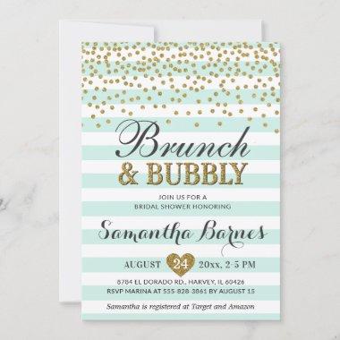Brunch Bubbly Mint Green Gold Bridal Shower Stripe Invitations