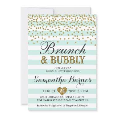 Brunch Bubbly Mint Green Gold Bridal Shower Stripe Invitations