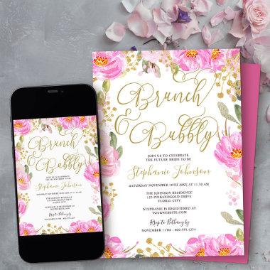 Brunch & Bubbly Pink and Gold Floral Bridal Shower Invitations