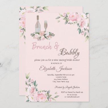 Brunch & Bubbly Pink Flowers Bridal Shower Invitations