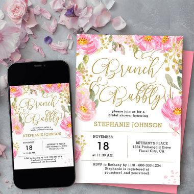 Brunch & Bubbly Pink Gold Floral Bridal Shower Invitations