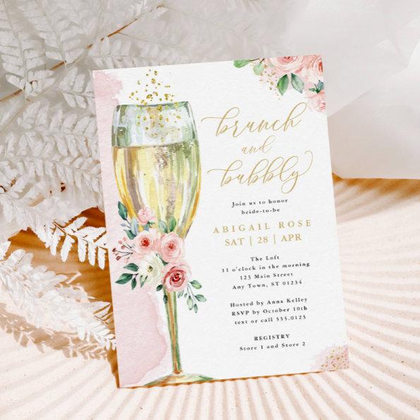 Brunch & Bubbly Pink Gold Floral Bridal Shower Invitations