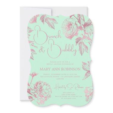 BRUNCH BUBBLY Rose Gold Floral Bridal Shower Mint Invitations