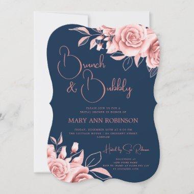 BRUNCH BUBBLY Rose Gold Floral Bridal Shower Navy Invitations