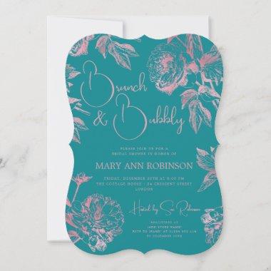 BRUNCH BUBBLY Rose Gold Floral Bridal Shower Teal Invitations