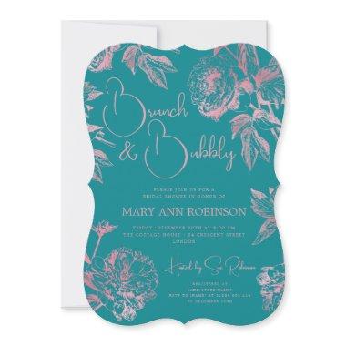 BRUNCH BUBBLY Rose Gold Floral Bridal Shower Teal Invitations