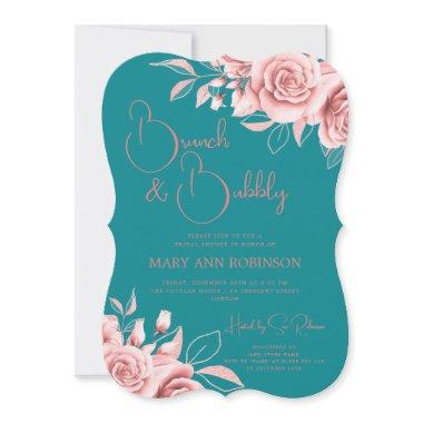 BRUNCH BUBBLY Rose Gold Floral Bridal Shower Teal Invitations