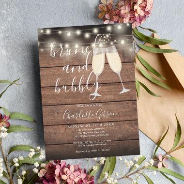 Brunch Bubbly Script Bridal Shower Rustic Wood Invitations