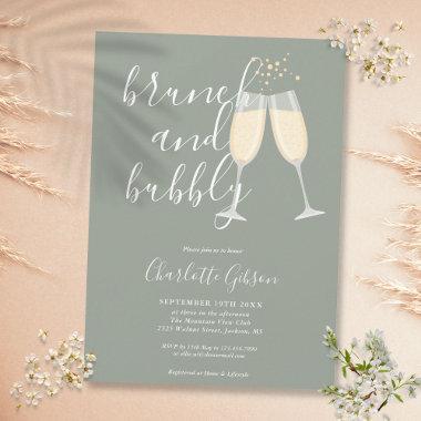 Brunch Bubbly Script Bridal Shower Sage Green Invitations
