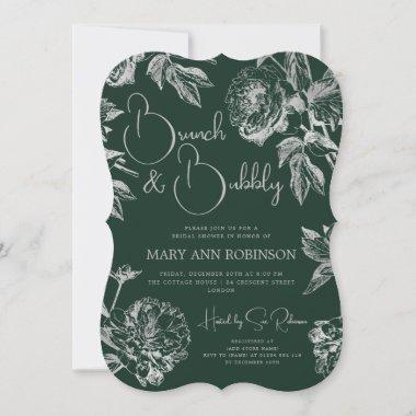 BRUNCH BUBBLY Silver Floral Bridal Shower Emerald Invitations