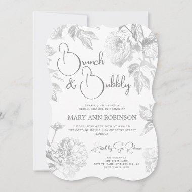 BRUNCH & BUBBLY Silver Floral Bridal Shower Invitations