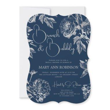 BRUNCH & BUBBLY Silver Floral Bridal Shower Navy Invitations