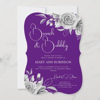 BRUNCH & BUBBLY Silver Floral Bridal Shower Purple Invitations