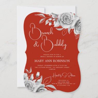 BRUNCH & BUBBLY Silver Floral Bridal Shower Red Invitations