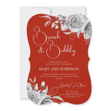 BRUNCH & BUBBLY Silver Floral Bridal Shower Red Invitations