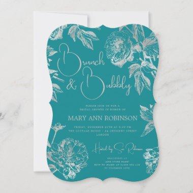 BRUNCH & BUBBLY Silver Floral Bridal Shower Teal Invitations