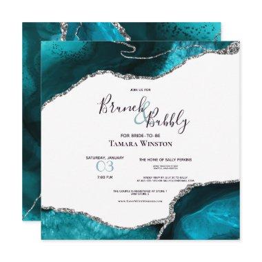 Brunch Bubbly Teal Silver Glitter Agate Shower Invitations