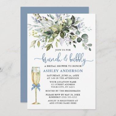 Brunch Bubbly Watercolor Greenery Dusty Blue Glass Invitations