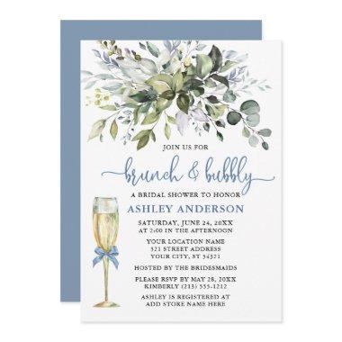 Brunch Bubbly Watercolor Greenery Dusty Blue Glass Invitations