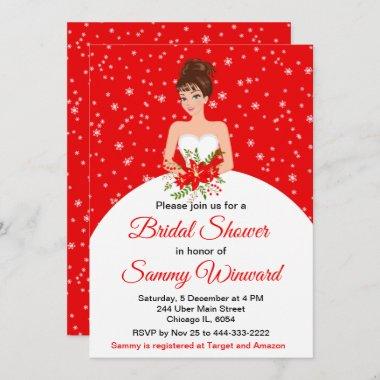 Brunette Bride Christmas Red Bridal Shower Invitations