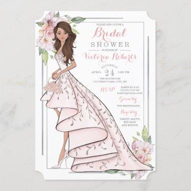 Brunette Bride Floral Bridal Shower Invitations