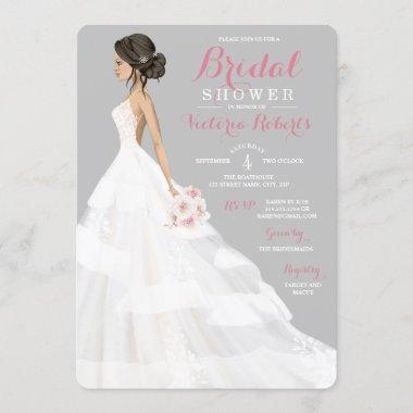 Brunette Bride Lace Gown Bridal Shower Invitations