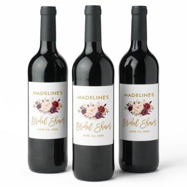 Brush Script Burgundy Floral Gold  Wine Label