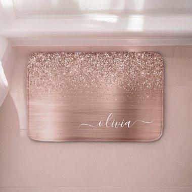 Brushed Metal Rose Gold Pink Glitter Monogram Bath Mat