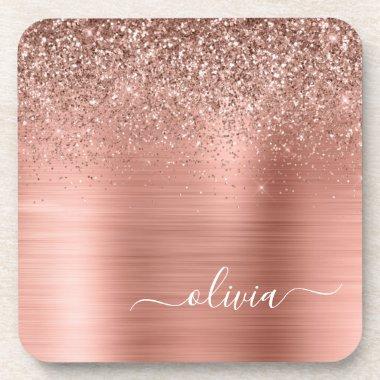 Brushed Metal Rose Gold Pink Glitter Monogram Beverage Coaster