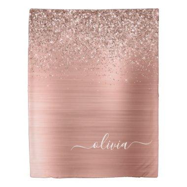 Brushed Metal Rose Gold Pink Glitter Monogram Duvet Cover