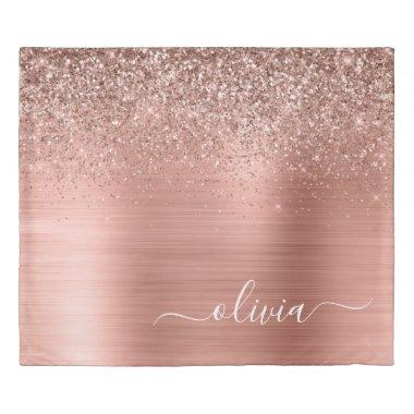 Brushed Metal Rose Gold Pink Glitter Monogram Duvet Cover