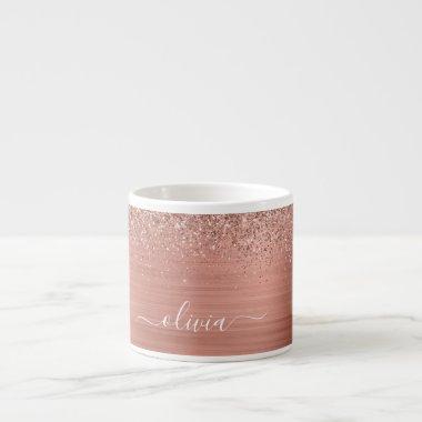 Brushed Metal Rose Gold Pink Glitter Monogram Espresso Cup