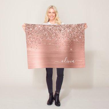 Brushed Metal Rose Gold Pink Glitter Monogram Fleece Blanket