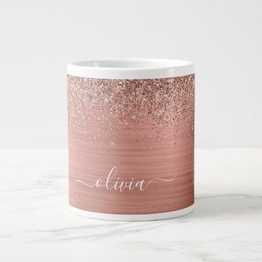 Brushed Metal Rose Gold Pink Glitter Monogram Giant Coffee Mug