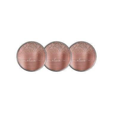 Brushed Metal Rose Gold Pink Glitter Monogram Golf Ball Marker