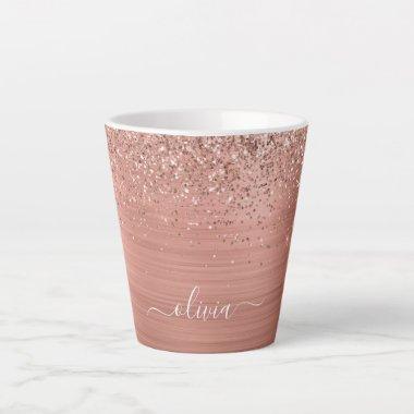 Brushed Metal Rose Gold Pink Glitter Monogram Latte Mug