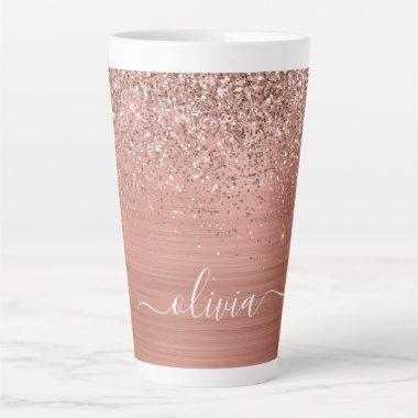 Brushed Metal Rose Gold Pink Glitter Monogram Latte Mug