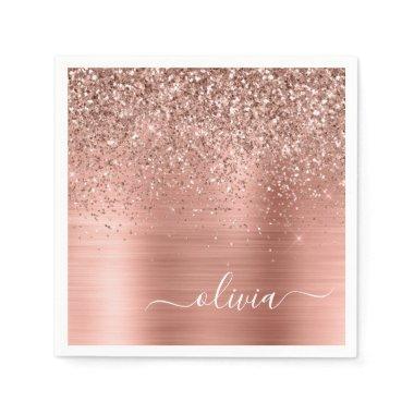 Brushed Metal Rose Gold Pink Glitter Monogram Napkins