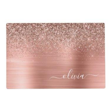 Brushed Metal Rose Gold Pink Glitter Monogram Placemat
