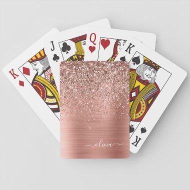 Brushed Metal Rose Gold Pink Glitter Monogram Playing Invitations