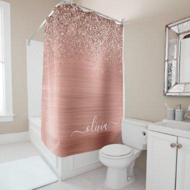 Brushed Metal Rose Gold Pink Glitter Monogram Shower Curtain
