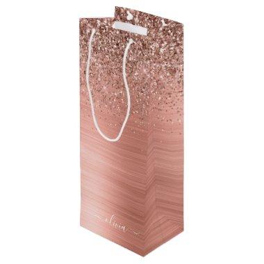 Brushed Metal Rose Gold Pink Glitter Monogram Wine Gift Bag
